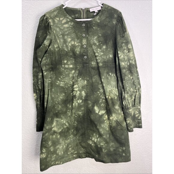 Something Navy Mini Dress Womens XL Edie Green Tie Dye Canvas Balloon Sleeve 70s - Picture 1 of 9